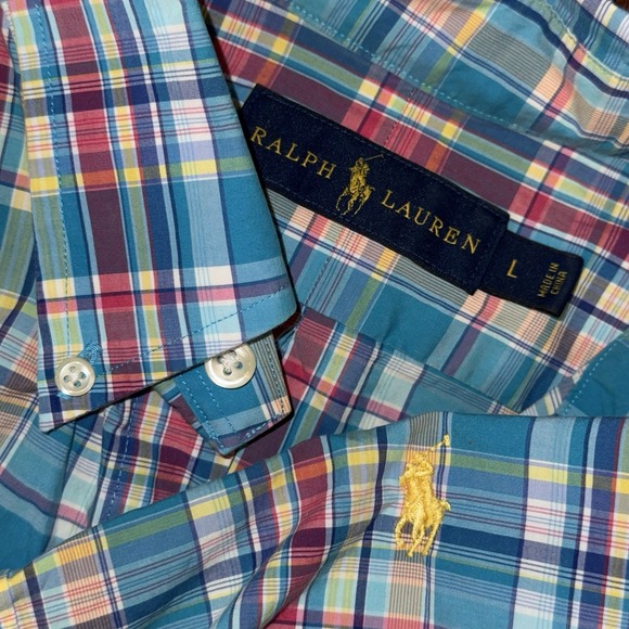 Polo Ralph Lauren Long Sleeve Button Down Oxford Shirt Men's L Blue Pink Plaid - Picture 1 of 5